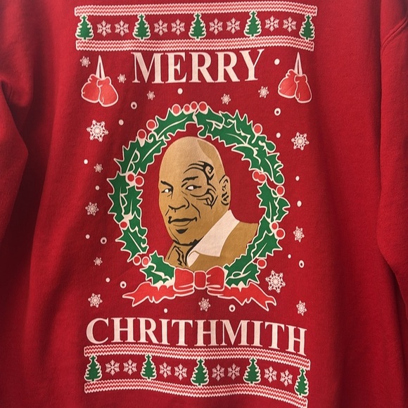 Mike Tyson Merry Chrithmith Jerzees Red Crewneck Sweatshirt size large - Picture 3 of 9